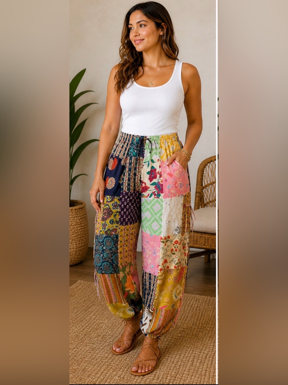 Boutique Boho Patchwork Harem Pants Cropped Ankle Wide Leg Festival Lounge Pants